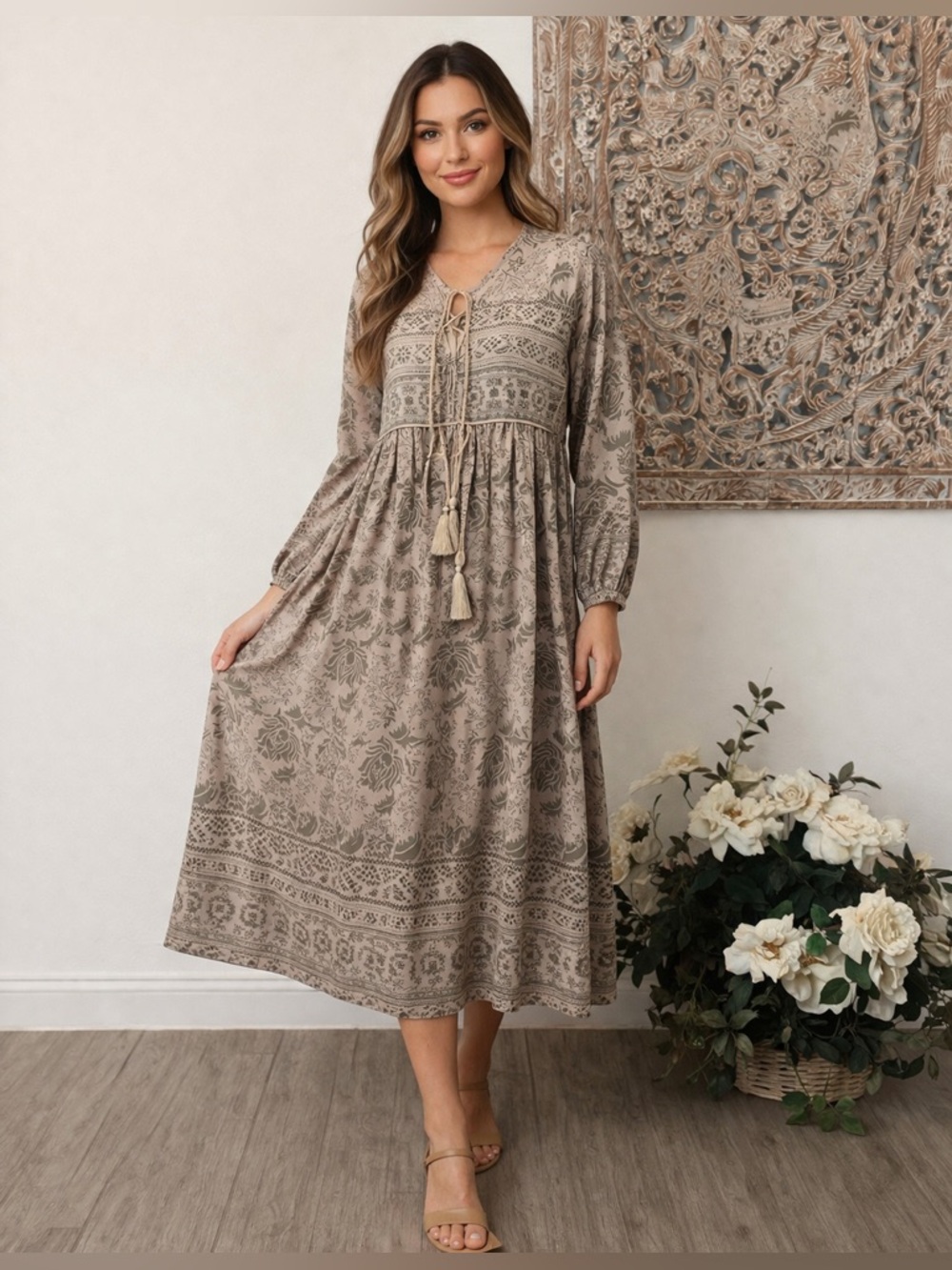 R. Vivimos Cream& Sage Bohemian Floral Flowy Midi Dress, Lightweight Comfy! - Picture 11 of 16
